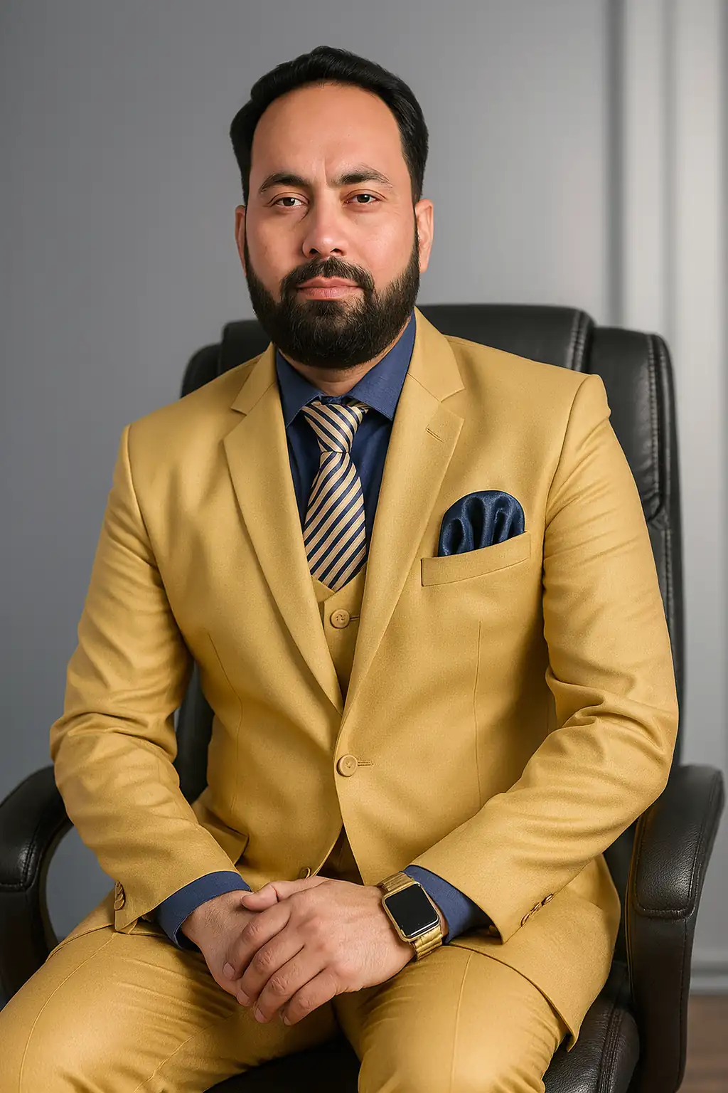 Waqas Ahmed, CEO of Digital Tutor Club, wearing a golden suit and sitting confidently in an executive chair for a professional corporate portrait.