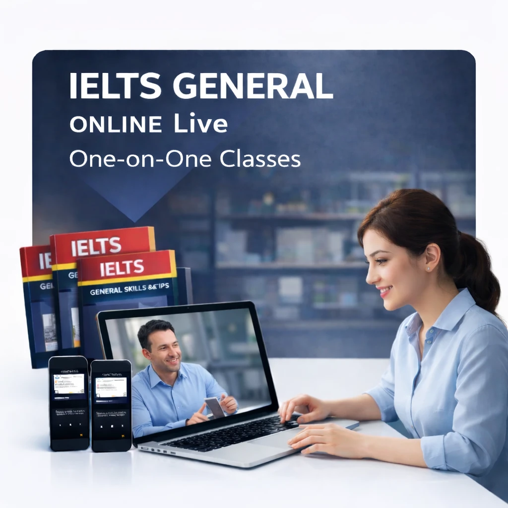 IELTS General online live one-on-one class ad showing a student on laptop with tutor video call, study booklets, and mobile screens.