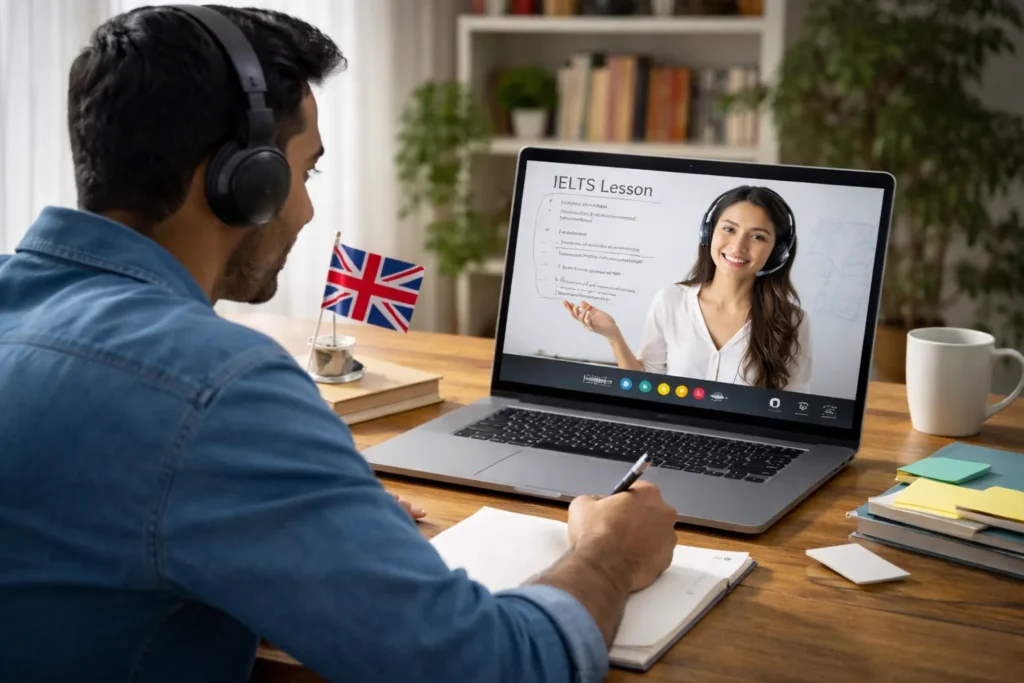 Online IELTS lesson with laptop and notes.