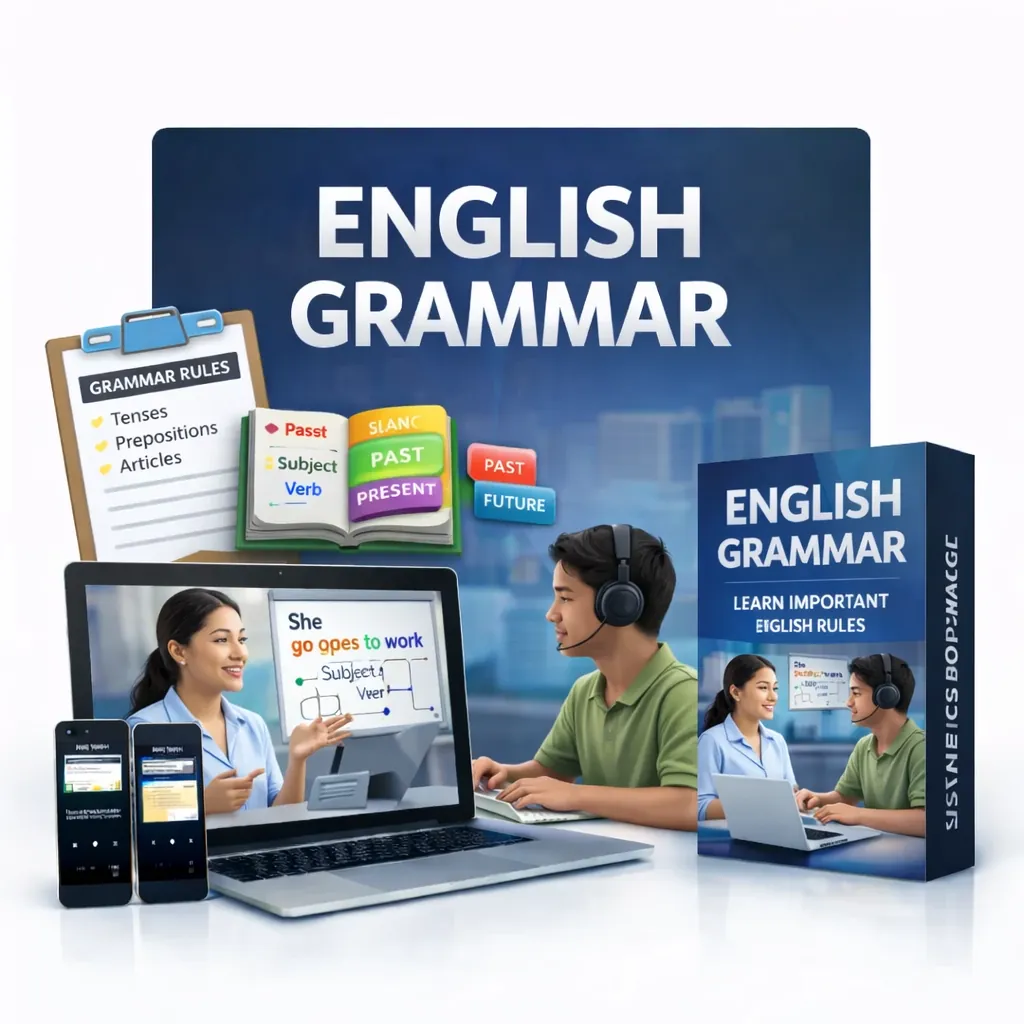 Online English grammar class with a female tutor teaching grammar rules to a student through live one-on-one video session
