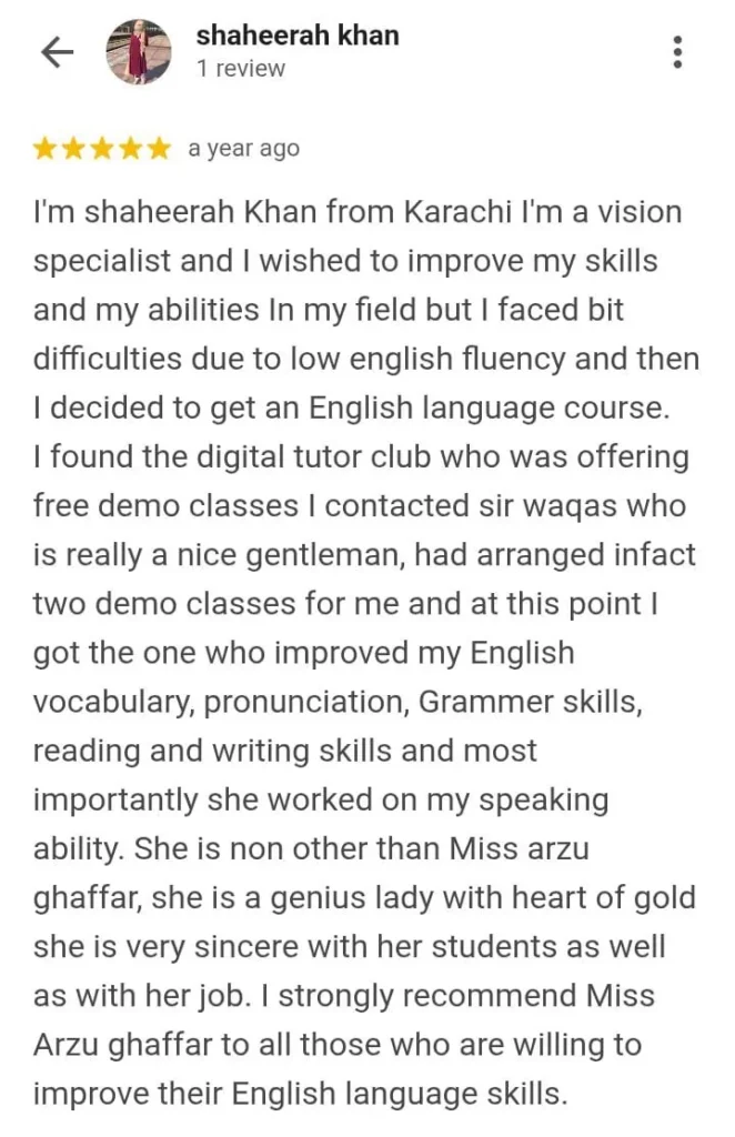 Google review by Shaheerah Khan for Spoken English course online at Digital Tutor Club