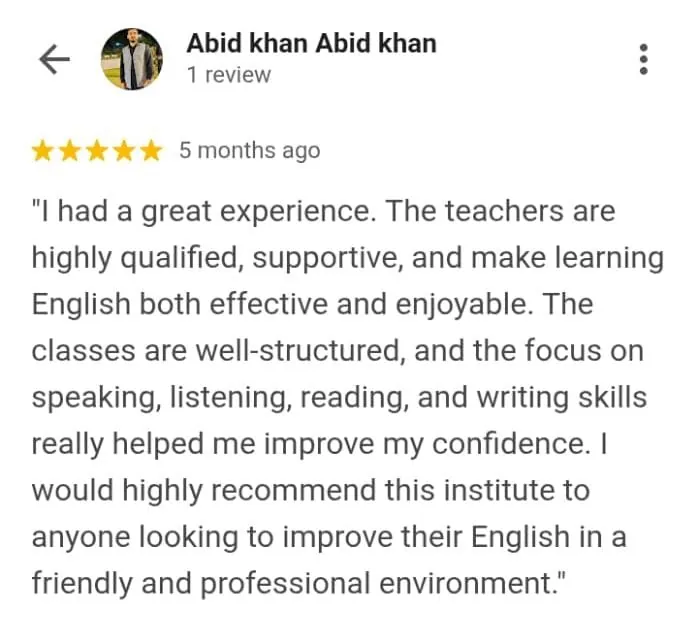 Google review by Abid Khan for Spoken English course online at Digital Tutor Club
