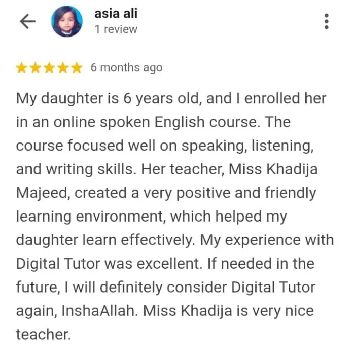 Google review by Asia Ali for kids Spoken English course online at Digital Tutor Club