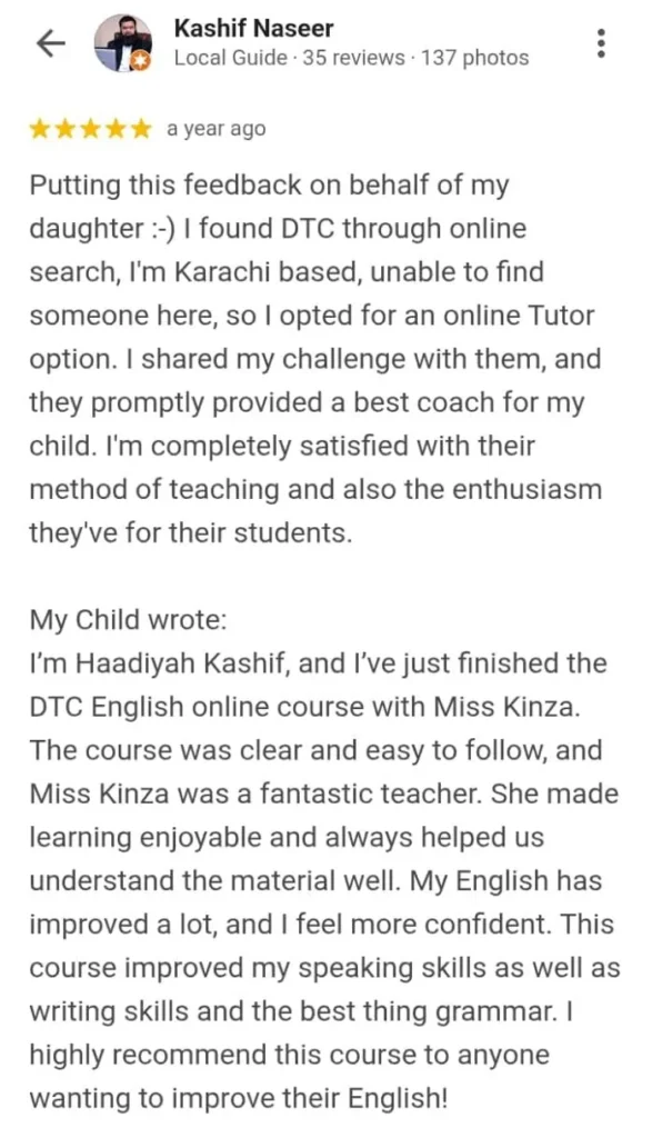 Google review by Kashif Naseer for Spoken English course online at Digital Tutor Club