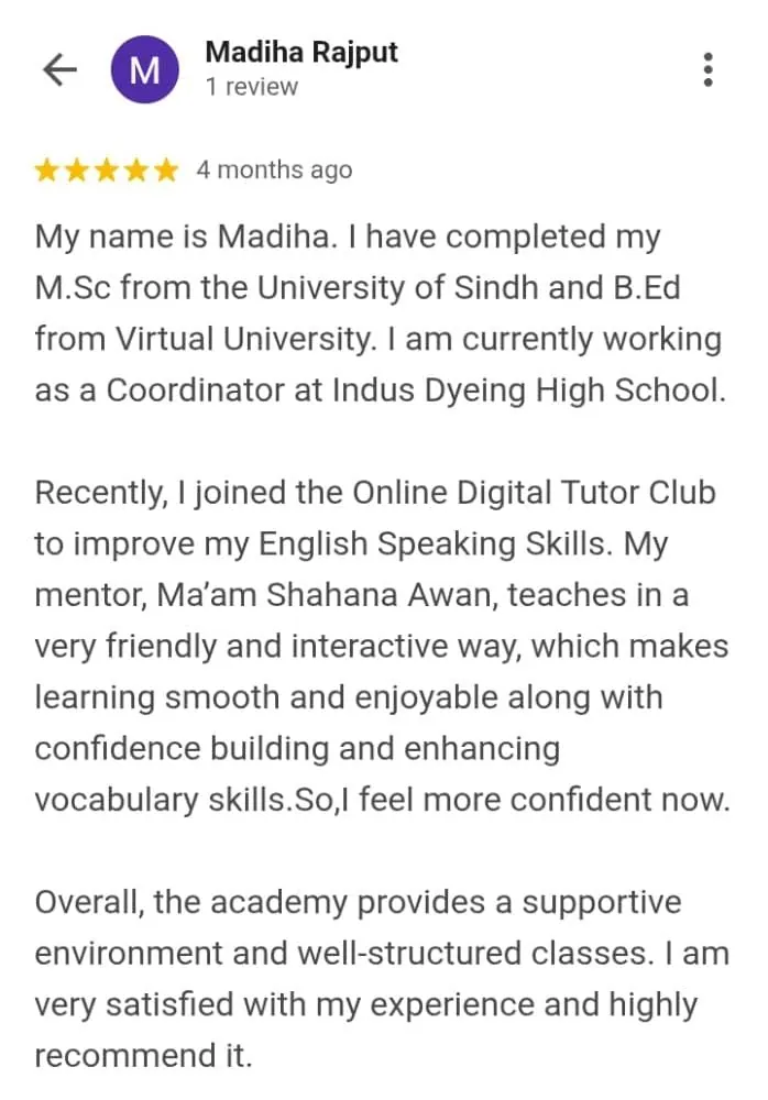 Google review by Madiha Rajput for Spoken English course online at Digital Tutor Club