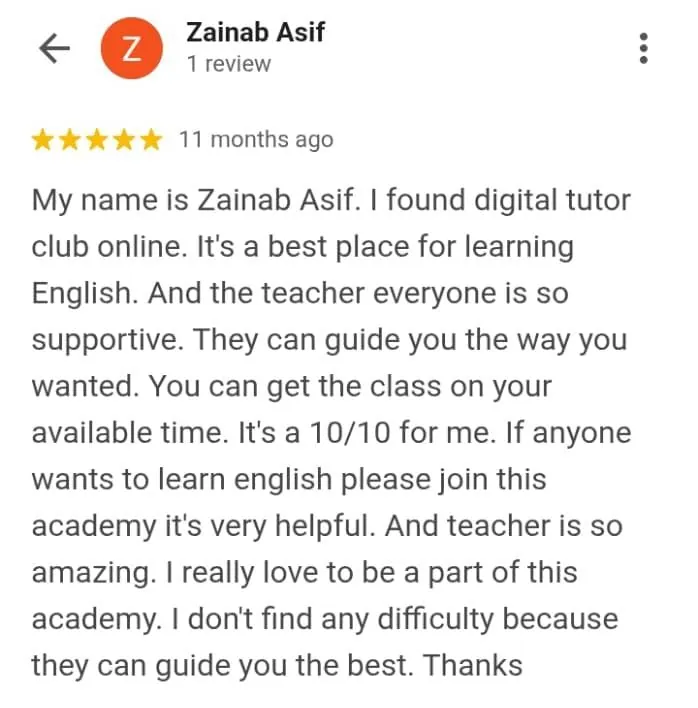 Google review by Zainab Asif for Spoken English course online at Digital Tutor Club