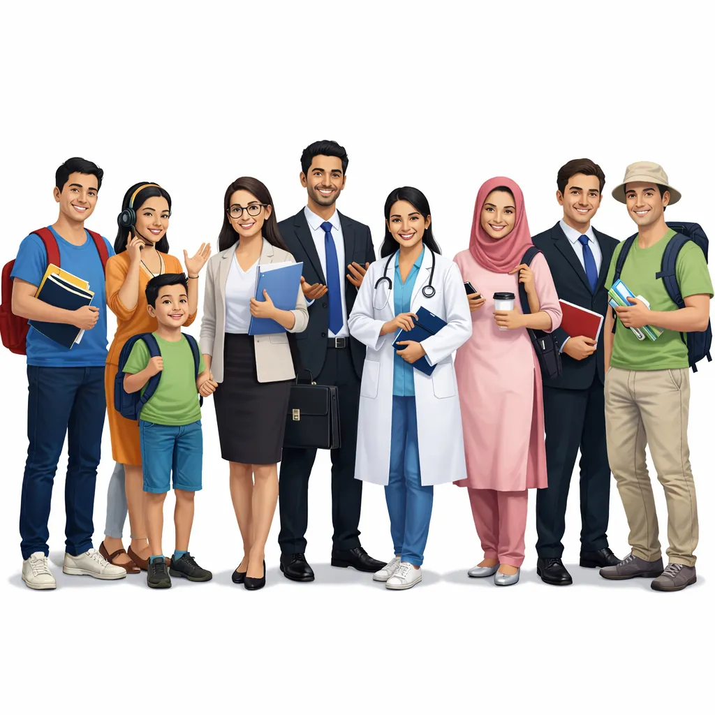 Diverse group of students, professionals, doctors, business people, and travelers representing learners for an online English speaking course