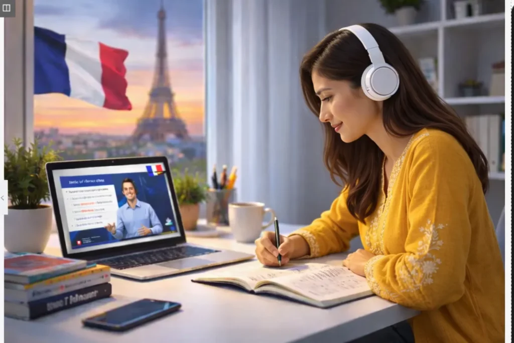 Online French language course student attending 1-on-1 live class with teacher via laptop – Digital Tutor Club