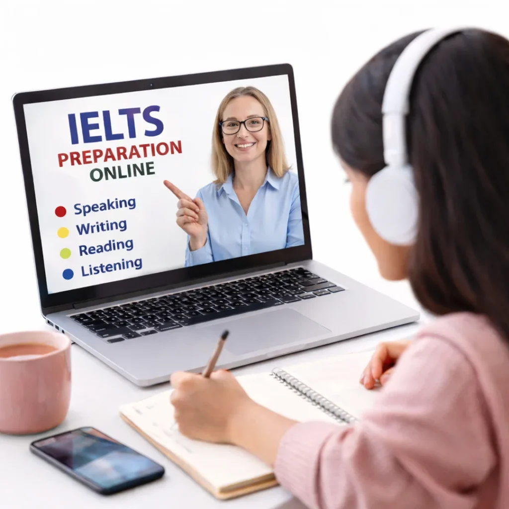 Young female student attending an online IELTS preparation class with a female teacher on laptop, studying with notebook on white background.