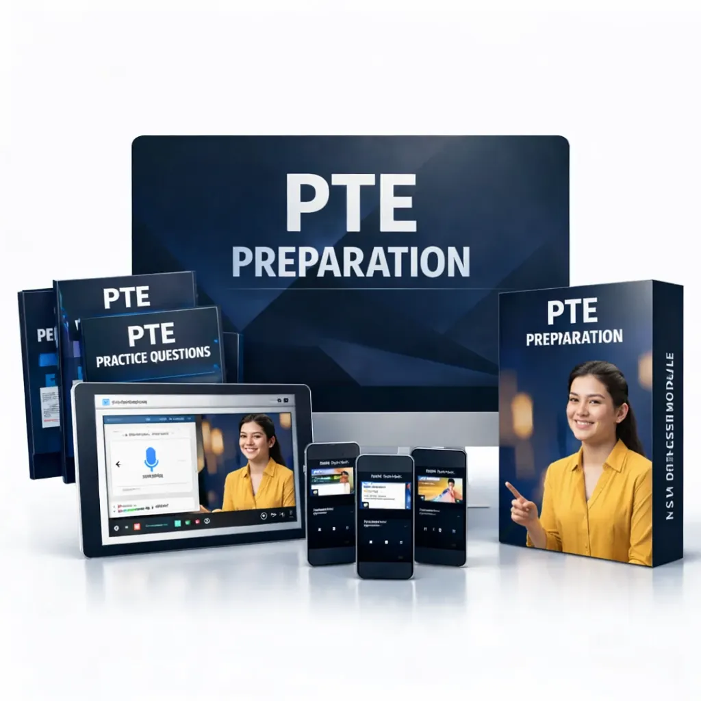 PTE preparation online course mockup with study materials, devices and tutor