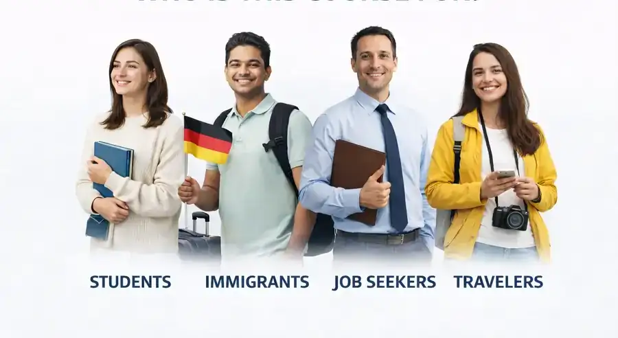 Who is this German language course for students professionals immigrants