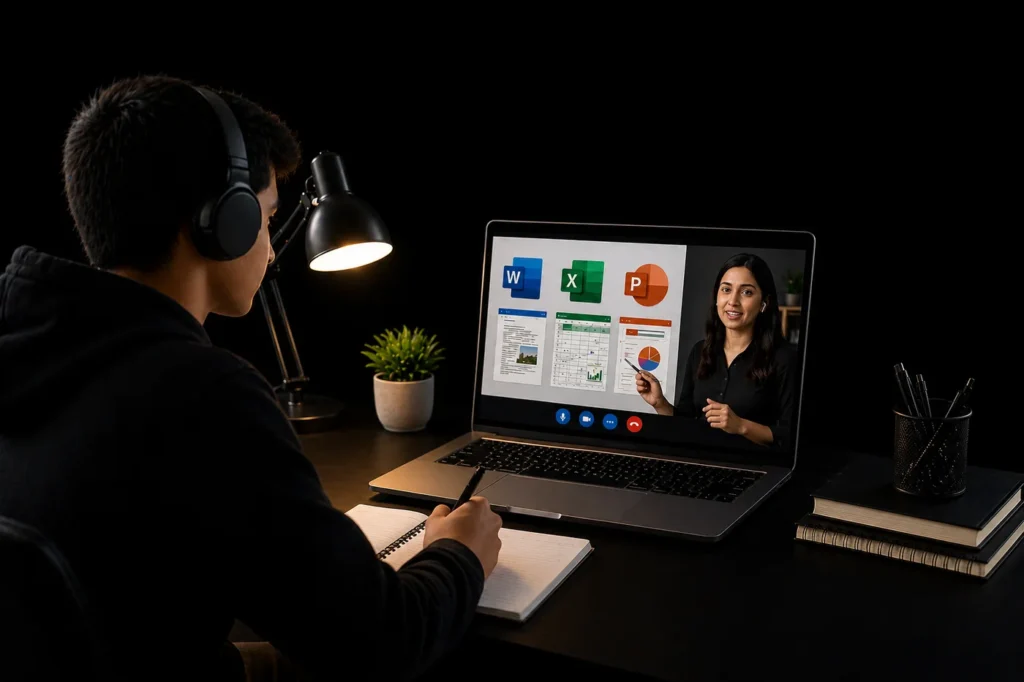 Student taking online computer class from female teacher learning Microsoft Word Excel PowerPoint