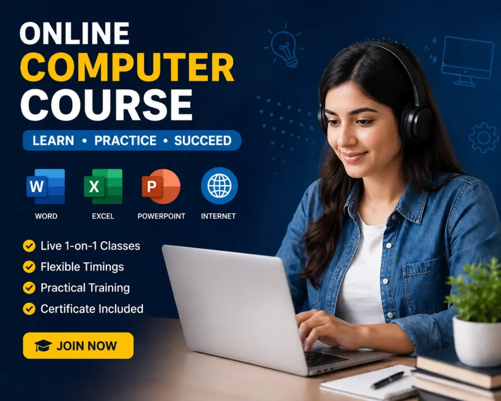 Online computer course student learning Word Excel PowerPoint with live instructor