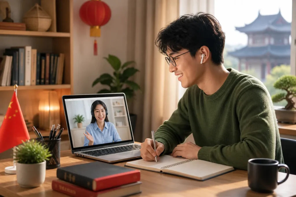Student learning Chinese language online through a live one-on-one Zoom class with a professional tutor