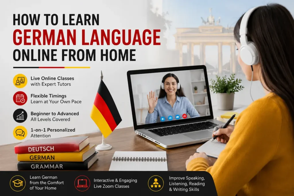 Student learning German language online from home with live tutor on Zoom