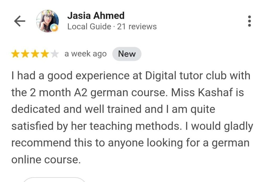 Google Reviews from students of Digital Tutor Club's German Language Course Online